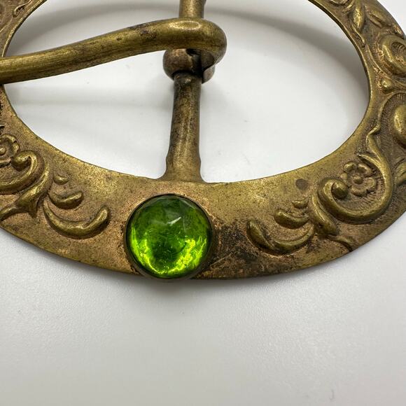 Antique Art Nouveau embossed gold tone brass green rose cut glass belt buckle main image 5